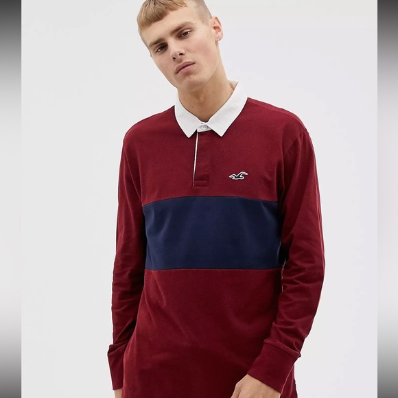 Hollister icon logo chest panel long sleeve rugby polo - Picture 1 of 10